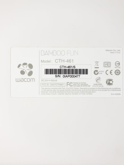 Wacom Bamboo Fun CTH-461 Graphics Drawing Tablet Manufacturer Label
